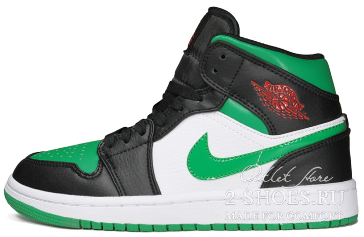 Кроссовки Nike Air Jordan 1 Mid Pine Green Toe 554724-067 черные, зеленые, кожаные